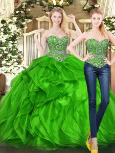 Low Price Sweetheart Sleeveless Quinceanera Dress Floor Length Beading and Ruffles Green Tulle