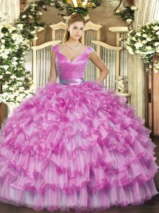 Suitable Lilac V-neck Zipper Ruffled Layers Quinceanera Dresses Sleeveless