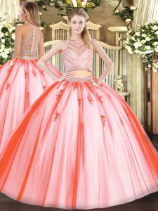 Dazzling Floor Length Watermelon Red Ball Gown Prom Dress Tulle Sleeveless Beading