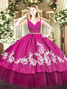 Fuchsia Satin and Tulle Zipper V-neck Sleeveless Floor Length 15th Birthday Dress Embroidery