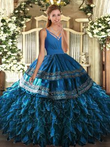 On Sale Floor Length Blue Quinceanera Dresses Organza Sleeveless Beading and Appliques and Ruffles