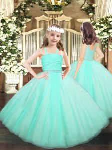 Dramatic Apple Green Tulle Zipper Straps Sleeveless Floor Length Child Pageant Dress Beading and Lace