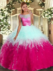 Stylish Multi-color Organza Backless Scoop Sleeveless Floor Length Quinceanera Dresses Lace and Ruffles