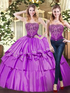 Custom Design Eggplant Purple Sleeveless Tulle Lace Up Sweet 16 Quinceanera Dress for Military Ball and Sweet 16 and Quinceanera