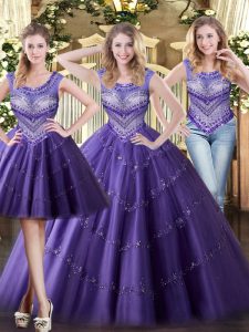 Fashion Scoop Sleeveless 15 Quinceanera Dress Floor Length Beading Purple Tulle