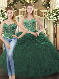 High Class Sweetheart Sleeveless Quinceanera Gowns Floor Length Beading and Ruffles Dark Green Tulle