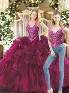 Fuchsia Two Pieces V-neck Sleeveless Organza Floor Length Lace Up Beading and Ruffles Sweet 16 Quinceanera Dress