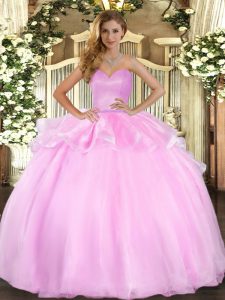 Sweetheart Sleeveless Lace Up Quinceanera Gowns Pink Organza