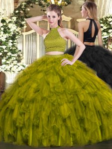 Beading and Ruffles Quinceanera Gown Olive Green Backless Sleeveless Floor Length