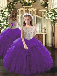 Floor Length Purple Little Girls Pageant Dress Off The Shoulder Sleeveless Lace Up