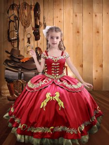 Coral Red Lace Up Off The Shoulder Embroidery Little Girl Pageant Dress Organza and Taffeta Sleeveless