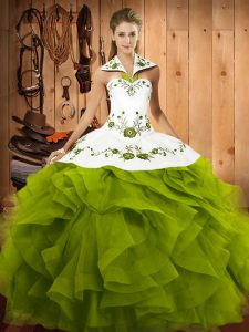 Ball Gowns Quinceanera Gown Olive Green Halter Top Tulle Sleeveless Floor Length Lace Up