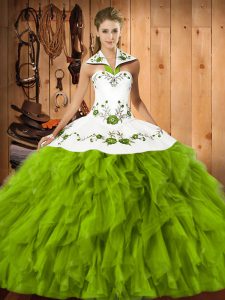 Sleeveless Floor Length Embroidery and Ruffles Lace Up Quinceanera Dresses with Olive Green