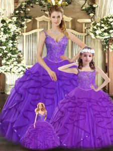 Straps Sleeveless Quinceanera Dress Floor Length Beading and Ruffles Purple Organza