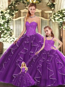 Attractive Organza Sweetheart Sleeveless Lace Up Beading and Ruffles Sweet 16 Dress in Purple