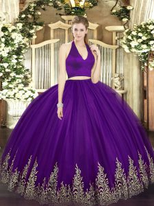 Dark Purple Sleeveless Floor Length Appliques Zipper Quinceanera Dresses