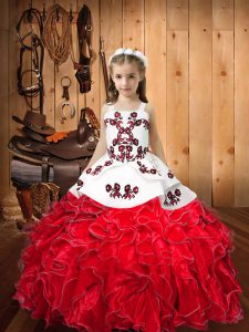 Red Straps Neckline Embroidery and Ruffles Little Girl Pageant Gowns Sleeveless Lace Up