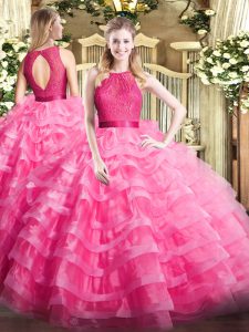 Hot Pink Organza Zipper 15th Birthday Dress Sleeveless Floor Length Ruffled Layers