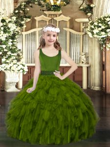 Fashion Floor Length Olive Green Kids Pageant Dress Organza Sleeveless Beading and Ruffles