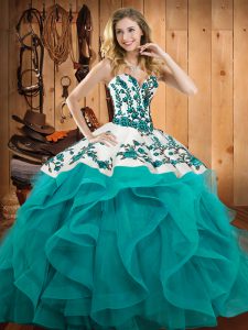 Noble Floor Length Teal Quinceanera Dresses Sweetheart Sleeveless Lace Up