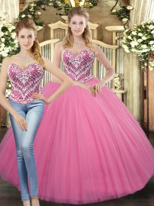 Rose Pink Tulle Lace Up 15th Birthday Dress Sleeveless Floor Length Beading