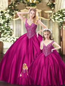 Modest Beading Sweet 16 Quinceanera Dress Fuchsia Lace Up Sleeveless Floor Length