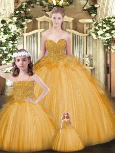 Tulle Sweetheart Sleeveless Lace Up Beading and Ruffles Sweet 16 Quinceanera Dress in Gold