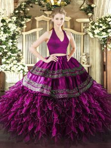 Fuchsia Organza Zipper Sweet 16 Quinceanera Dress Sleeveless Floor Length Appliques and Ruffles