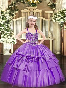 Lavender Straps Neckline Beading and Ruffled Layers Little Girls Pageant Gowns Sleeveless Lace Up