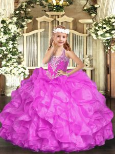 Lilac Ball Gowns V-neck Sleeveless Organza Floor Length Lace Up Beading and Ruffles Child Pageant Dress