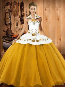 Cute Halter Top Sleeveless Lace Up 15 Quinceanera Dress Gold Satin and Tulle