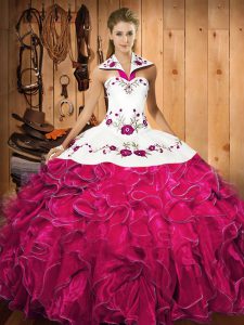 Fashionable Sleeveless Floor Length Embroidery and Ruffles Lace Up Quince Ball Gowns with Fuchsia