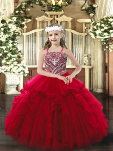 Wine Red Straps Neckline Beading and Ruffles Little Girls Pageant Dress Sleeveless Lace Up