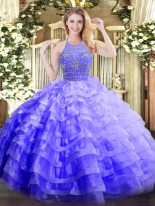 Artistic Lavender Organza Zipper Halter Top Sleeveless Floor Length 15 Quinceanera Dress Beading and Ruffled Layers