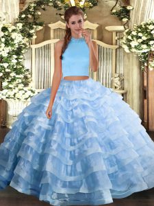 Spectacular Halter Top Sleeveless Sweet 16 Dresses Floor Length Beading and Ruffled Layers Light Blue Organza