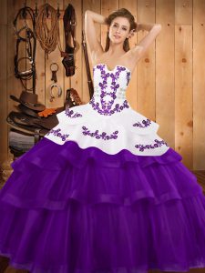 Beautiful Purple Lace Up Strapless Embroidery and Ruffled Layers Vestidos de Quinceanera Tulle Sleeveless Sweep Train