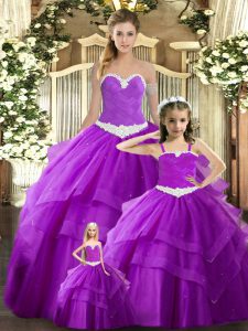 Sleeveless Floor Length Ruching Lace Up Quince Ball Gowns with Purple
