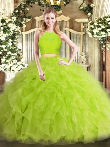 Customized Scoop Sleeveless Zipper Sweet 16 Quinceanera Dress Yellow Green Tulle