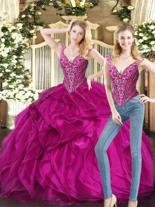 Glorious Fuchsia Lace Up Sweet 16 Dresses Ruffles Sleeveless Floor Length