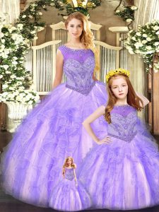 Shining Lavender Sleeveless Floor Length Beading and Ruffles Lace Up Quinceanera Dress