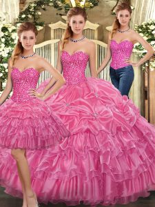 Rose Pink Lace Up Sweetheart Beading and Ruffles Ball Gown Prom Dress Organza Sleeveless