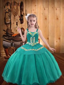 Stylish Ball Gowns Little Girl Pageant Gowns Teal Straps Organza Sleeveless Lace Up