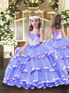 Gorgeous Lavender Sleeveless Floor Length Beading and Ruffled Layers Lace Up Kids Formal Wear