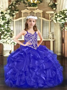 Blue Kids Pageant Dress Party and Quinceanera with Beading and Ruffles Straps Sleeveless Lace Up