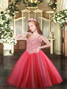 Customized Spaghetti Straps Sleeveless Child Pageant Dress Floor Length Appliques Coral Red Tulle