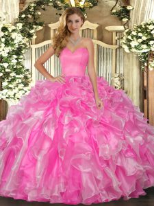 Rose Pink Ball Gowns Organza Sweetheart Sleeveless Beading and Ruffles Floor Length Lace Up Ball Gown Prom Dress