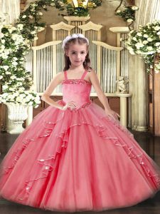 Watermelon Red Ball Gowns Organza Straps Sleeveless Appliques and Ruffles Floor Length Lace Up Little Girls Pageant Gowns