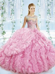 Custom Made Sweetheart Sleeveless Organza Quince Ball Gowns Beading and Ruffles Brush Train Lace Up