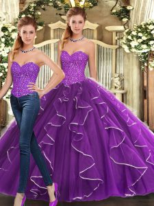 Edgy Eggplant Purple Sleeveless Beading and Ruffles Floor Length Sweet 16 Quinceanera Dress