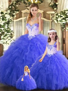 Tulle Sweetheart Sleeveless Lace Up Beading and Ruffles Sweet 16 Quinceanera Dress in Blue